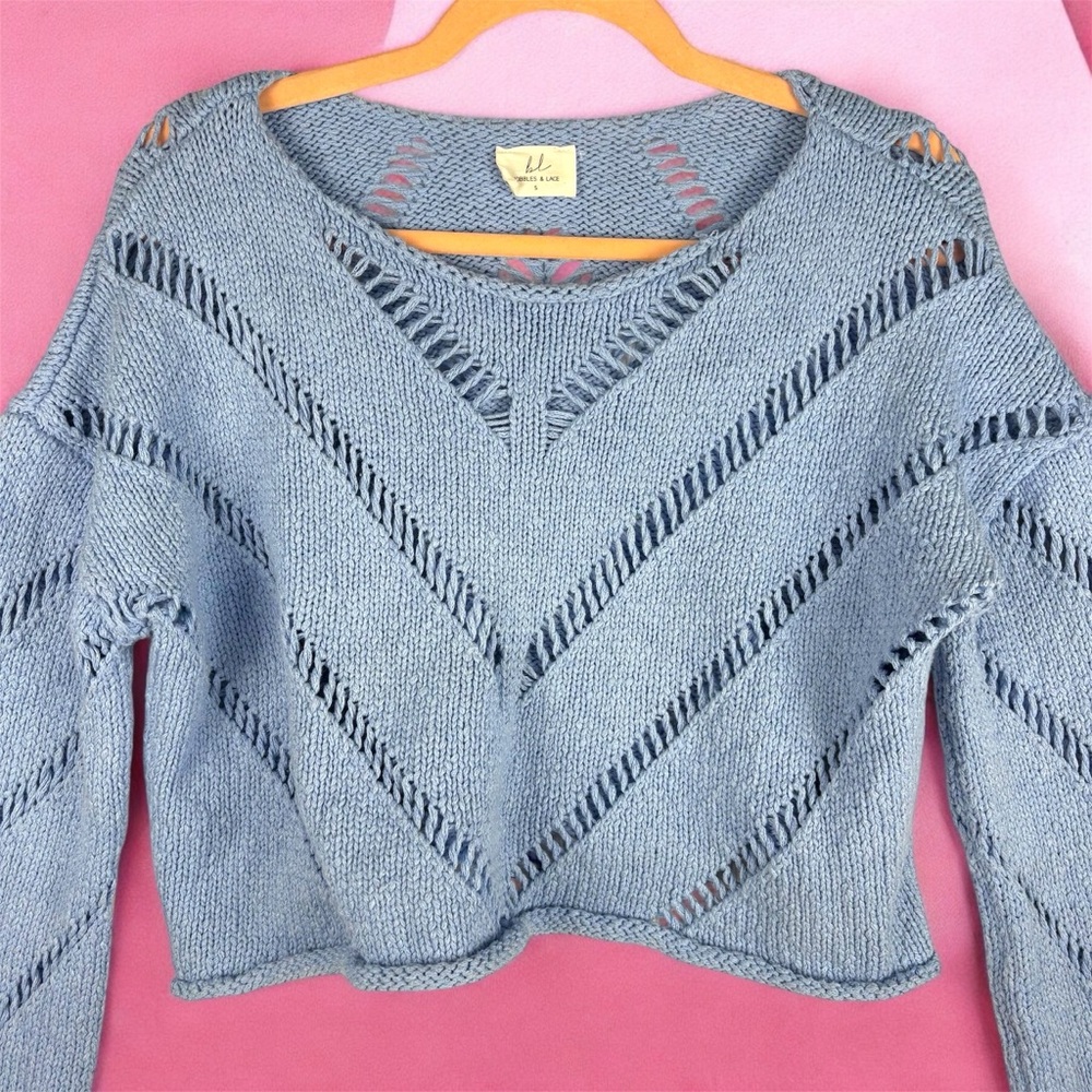 Bobbles & Lace Crocheted Baby Blue Cropped Chunky Sweater Bell Sleeves - Picture 2 of 8